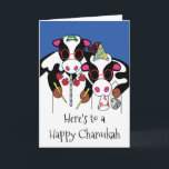 Carte de voeux "Bonne Chanukah et Bonne Année Moo"<br><div class="desc">"Voici une joyeuse Chanoukah et une bonne année Moo" Carte de voeux avec enveloppe. Pour personnaliser cette carte, il suffit de supprimer du texte à l'intérieur et à l'extérieur et d'ajouter vos propres mots. Choisissez votre style de police préféré, la couleur, la taille et le libellé. Merci d'être passé faire...</div>