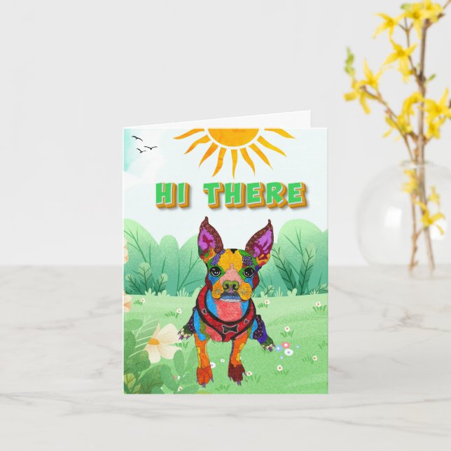 Carte de voeux Boston Terrier joli et coloré (Fleur jaune)