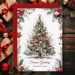Carte de vœux botanique d'arbre de Noël vintage