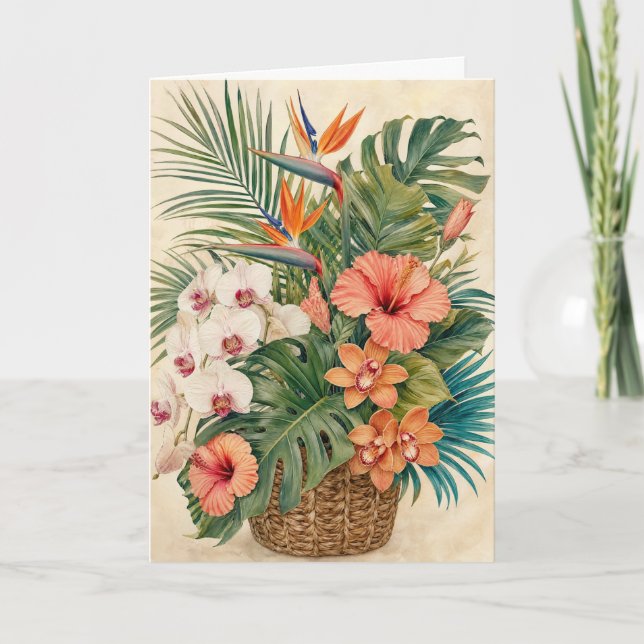 Carte de vœux botanique tropicale Orchidée Hibiscu (Devant)