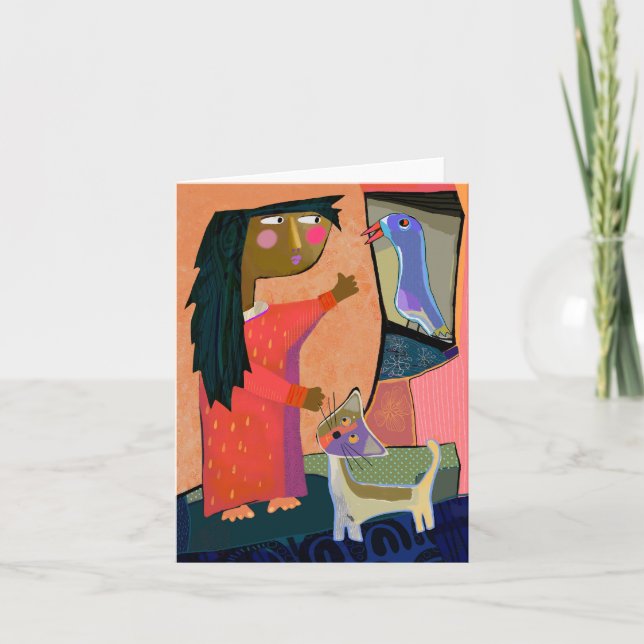 Carte de voeux Botello's Girl, Cat, and Bird BLANK (Devant)