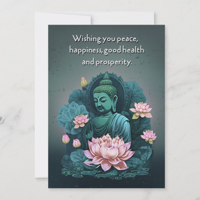 Carte de voeux Bouddha paisible avec fleurs roses (Devant)