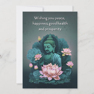 Carte de voeux Bouddha paisible avec fleurs roses