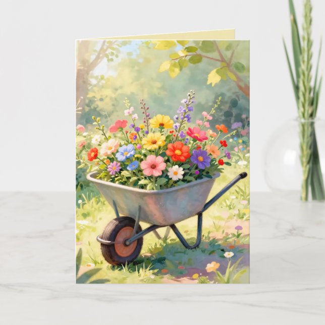 Carte de vœux Brouette de Fleurs (Devant)