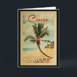 Carte de voeux Cancun Palm Tree Vintage voyage<br><div class="desc">Un imprimé d'art mexicain moderne et unique rétro du milieu du siècle Cancun,  dans un style d'affiche de voyage vintage. Il dispose d'un palmier incurvé sur une plage de sable avec l'océan sous un ciel bleu nuageux.</div>