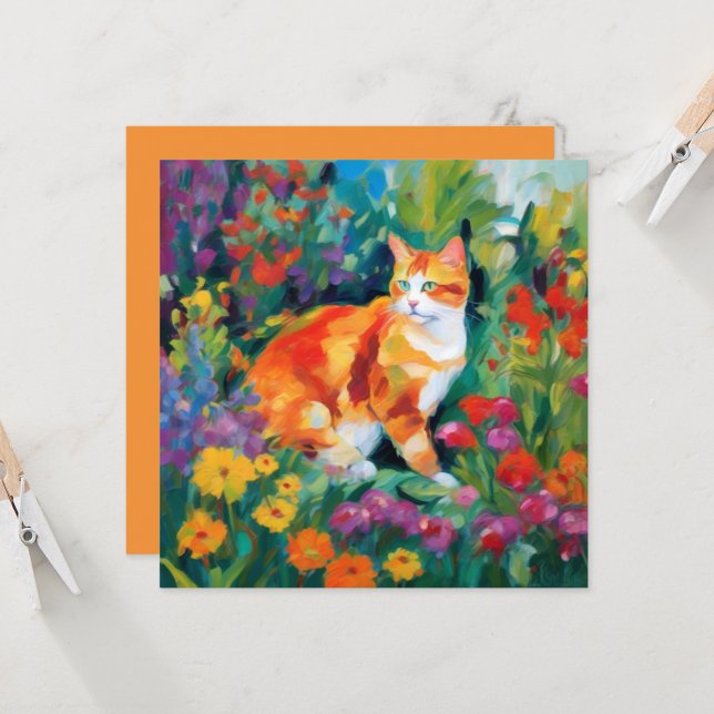 Carte de voeux Cat parmi les fleurs (Devant/Arrière en situation)