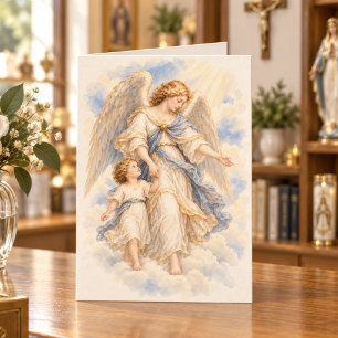 Carte de vœux catholique Ange gardien et Enfant Vi