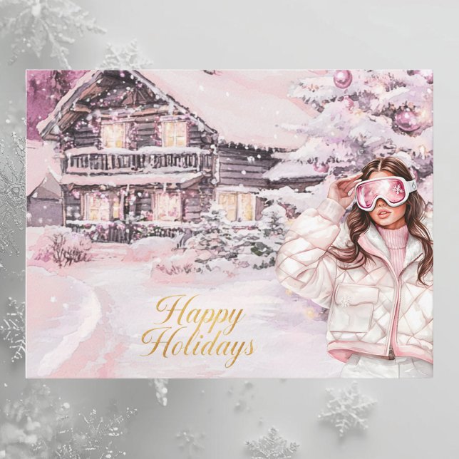 Carte de vœux Chalets de ski Blush Rose Aquarelle  (Créateur téléchargé)