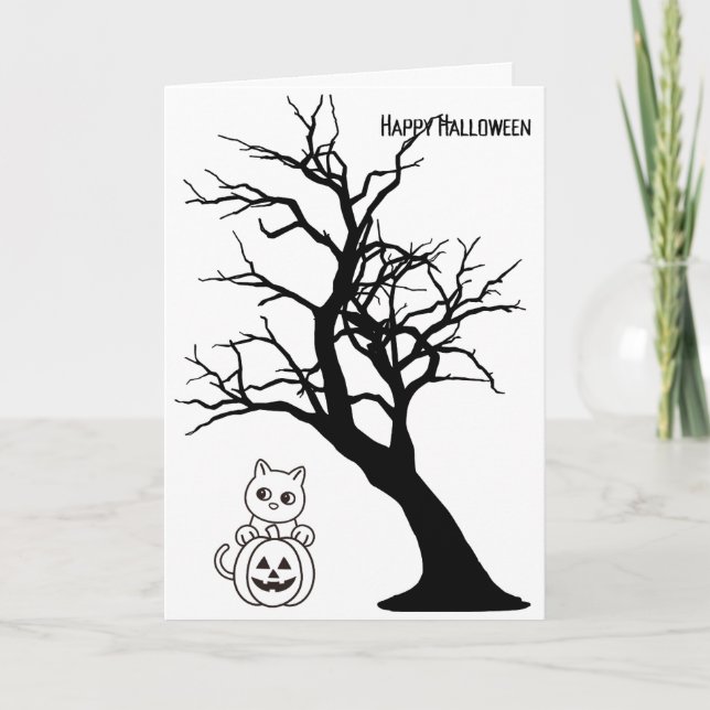 Carte de vœux chat citrouille arbre Joyeux Hallowe (Devant)