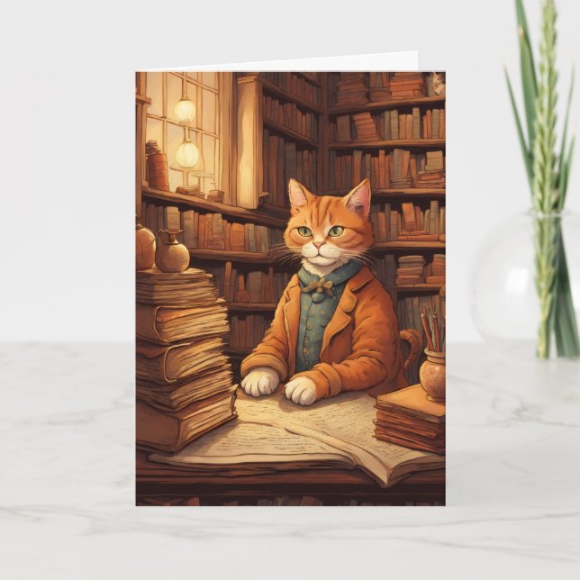 carte de vœux chat de bibliothèque #2 (Devant)
