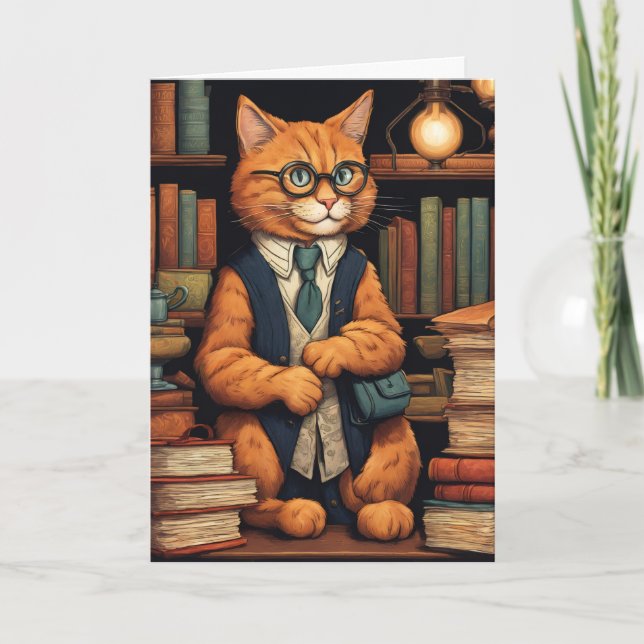 carte de vœux chat de bibliothèque #6 (Devant)