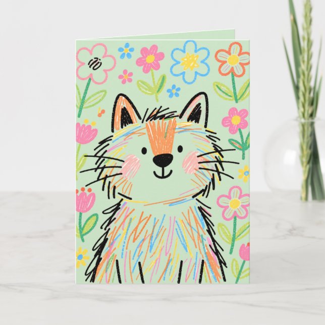 Carte de vœux chat gribouillage vert pastel (Devant)