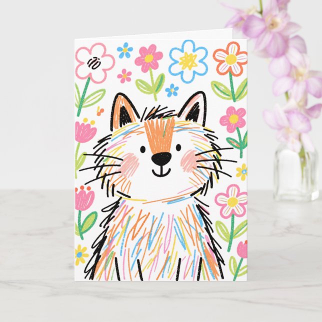 Carte de vœux Chat Gribouillis Blanc (Orchidée)