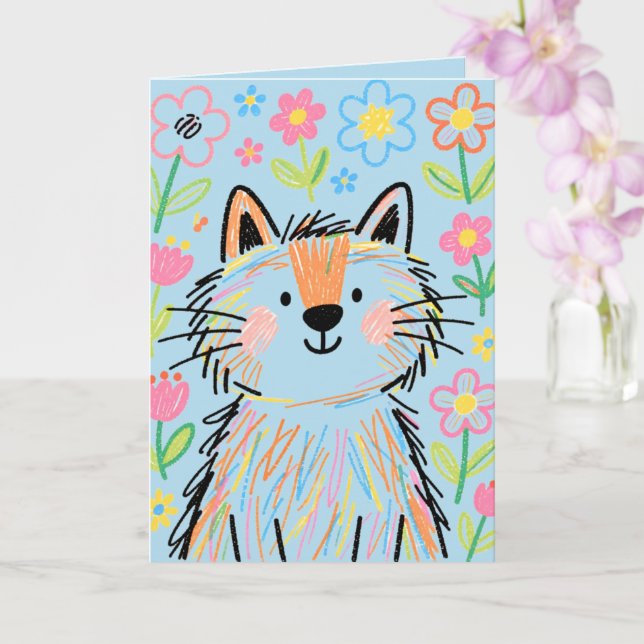 Carte de vœux Chat Gribouillis Bleu (Orchidée)