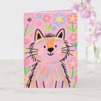 Carte de vœux Chat Griffonnage Rose