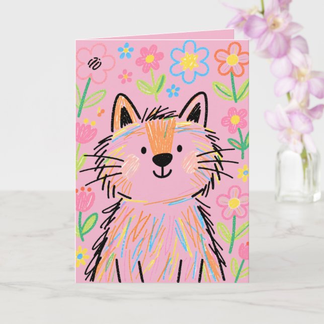 Carte de vœux Chat Griffonnage Rose (Orchidée)