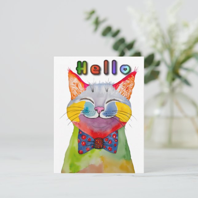 Carte de vœux Chat Heureux Aquarelle (Debout devant)