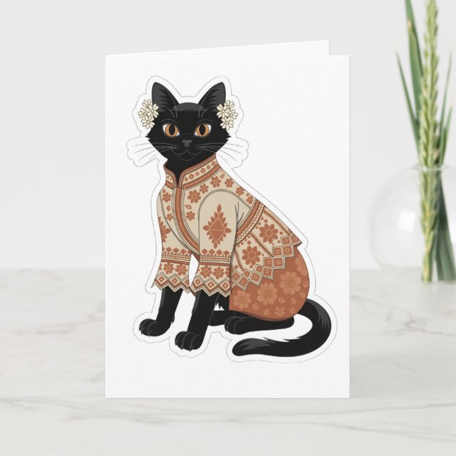 Carte de vœux chat noir floral terracotta (Devant)