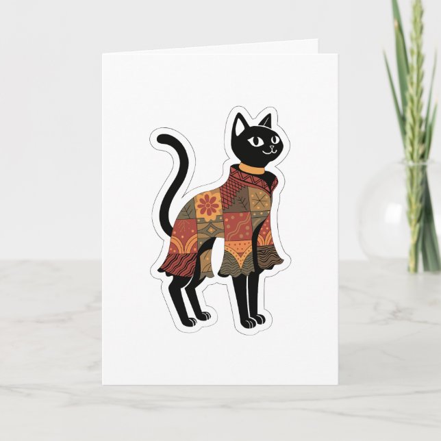 Carte de vœux chat noir patchwork Boho (Devant)