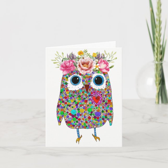 Carte de vœux Chouette à fleurs Couronne rose (Devant)