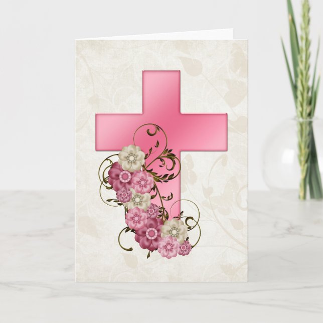 Carte de vœux chrétienne Croix rose avec fleurs 1 (Devant)