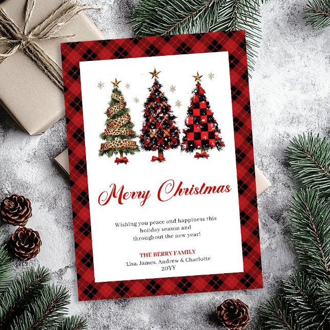 Carte de vœux classique arbre de Noël léopard or r (Classic Red Gold Leopard Christmas Tree Greeting Card)