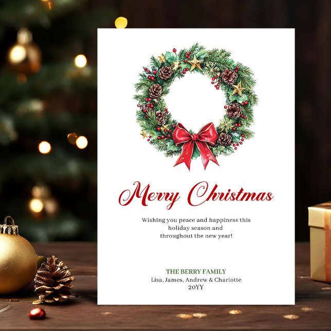 Carte de vœux classique Noël couronne aquarelle (Elegant watercolor Christmas wreath card with holly, pine cones, and festive red-green tones.)