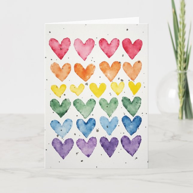 Carte de vœux Cœurs Aquarelle Arc-en-ciel (Devant)