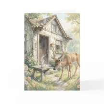 Carte de vœux Cottage Conte de fées – Cerf Fleurs
