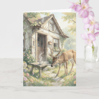 Carte de vœux Cottage Conte de fées – Cerf Fleurs