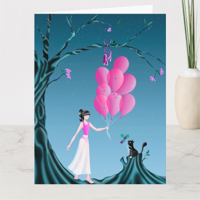 Carte de voeux Cute Ballerina & Cat Night Sky (Devant)