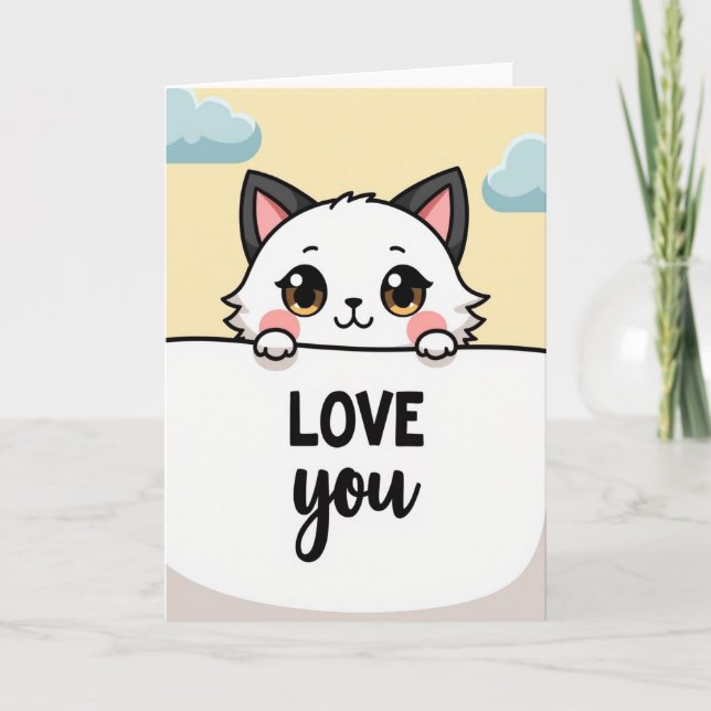 Carte de vœux d'amour pour chat Kawaii (Devant)