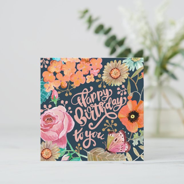 Carte de vœux d'anniversaire à fleurs peintes à la (Debout devant)