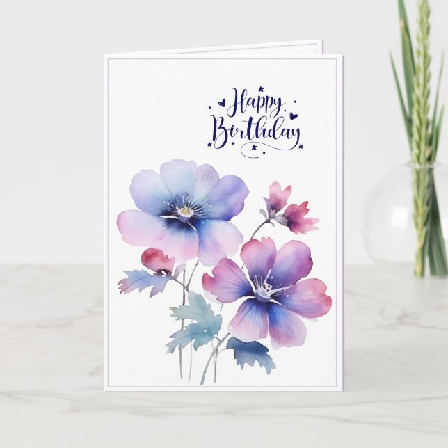 Carte de vœux d'anniversaire à fleurs violettes à  (Devant)