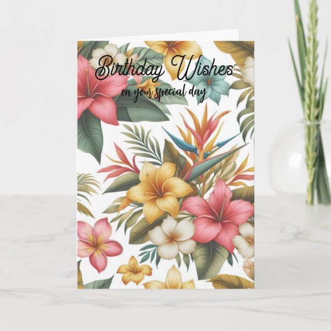 Carte de vœux d'anniversaire aux fleurs tropicales (Devant)