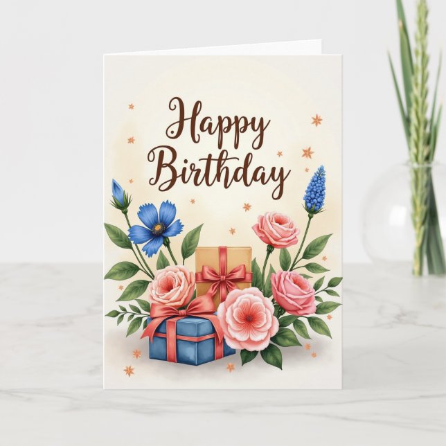 Carte de vœux d'anniversaire avec cadeaux prédéfin (Devant)