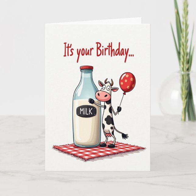 Carte de vœux d'anniversaire avec vache et ballon (Devant)