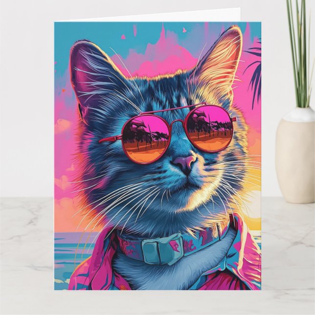 CARTE DE VOEUX D'ANNIVERSAIRE CHAT PLAGE COOL (Devant)
