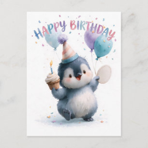 Carte de vœux d'anniversaire de bébé manchot à l'a