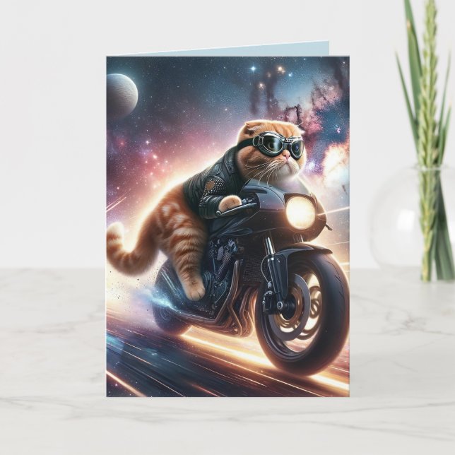 Carte de vœux d'anniversaire de chat sur moto (Devant)