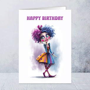 Carte de vœux d'anniversaire de clown féminin heur