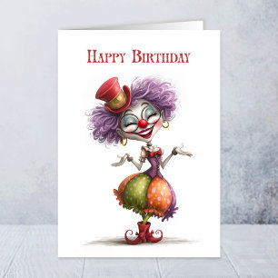 Carte de vœux d'anniversaire de clown lady joyeuse
