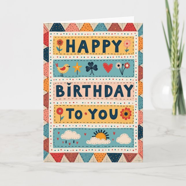 Carte de vœux d'anniversaire de style patchwork (Devant)