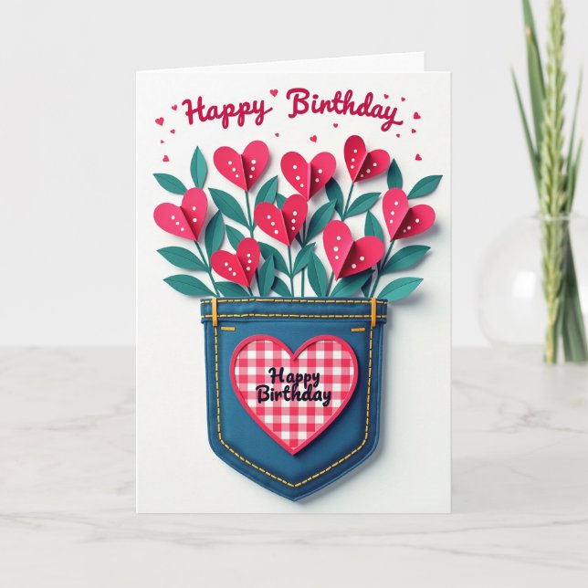 Carte de vœux d'anniversaire en denim joyeuse (Devant)
