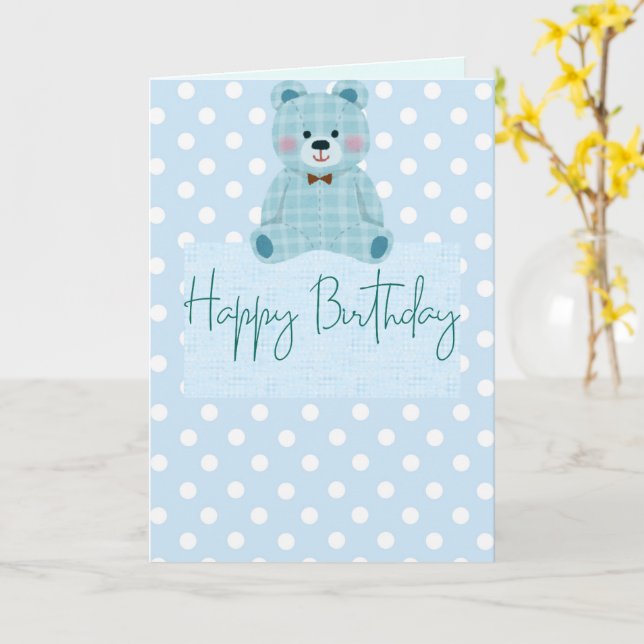 Carte de vœux d'anniversaire Ourson Mignon – Bleu (Fleur jaune)
