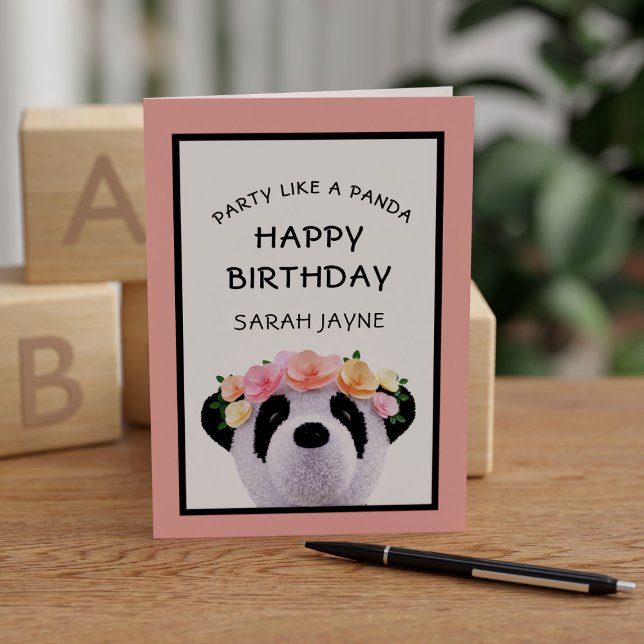 Carte de vœux d'anniversaire pour une fille avec u (Party like a panda! Just add a name and a short message inside)