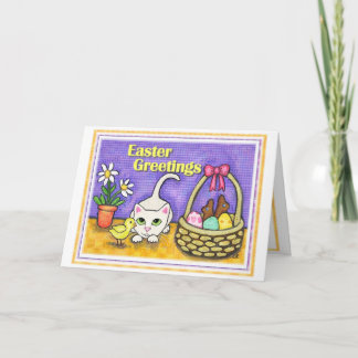 Carte de voeux de chat et de poussin de Pâques