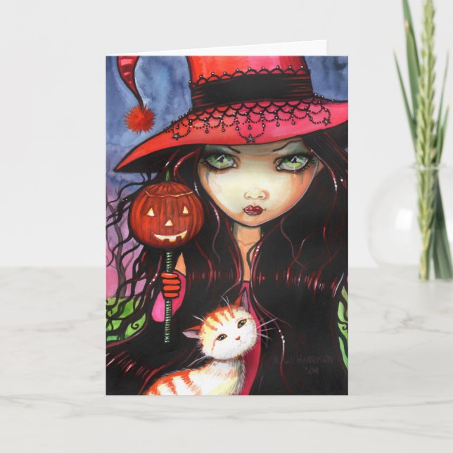 Carte de vœux de chat sorcière gothique Halloween (Devant)