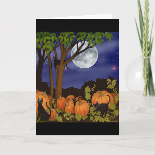 Carte de voeux de chats noirs et de citrouilles (Devant)
