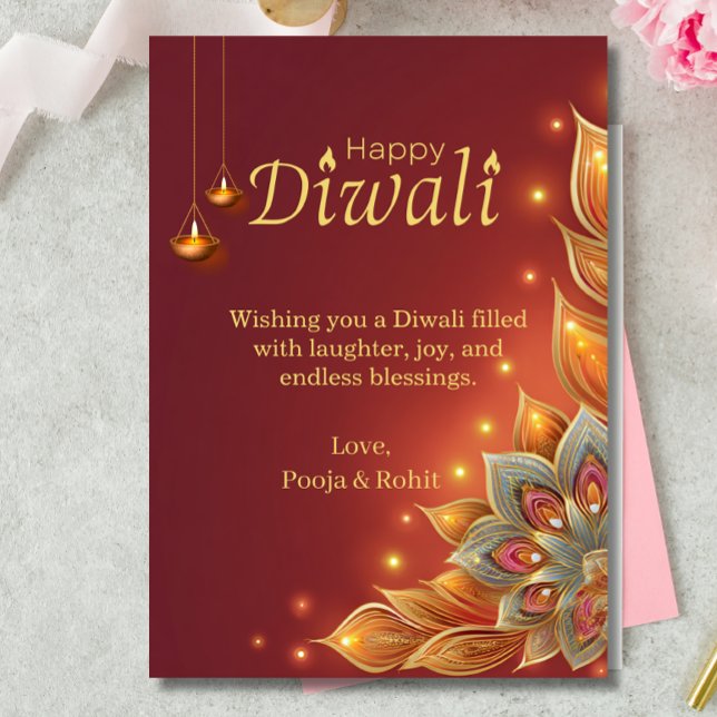Carte de vœux de Diwali avec fleurs rouges et doré (Créateur téléchargé)